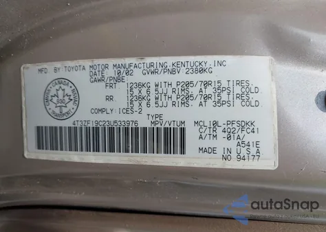 2003 Toyota Sienna Ce z USA, uszkodzony, nr VIN 4T3ZF19C23U533976